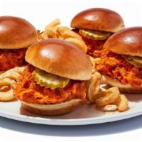 Buffalo Chicken Sliders · Buffalo chicken tossed with your choice of wing sauce, topped with pickles and fries. 1000-1...