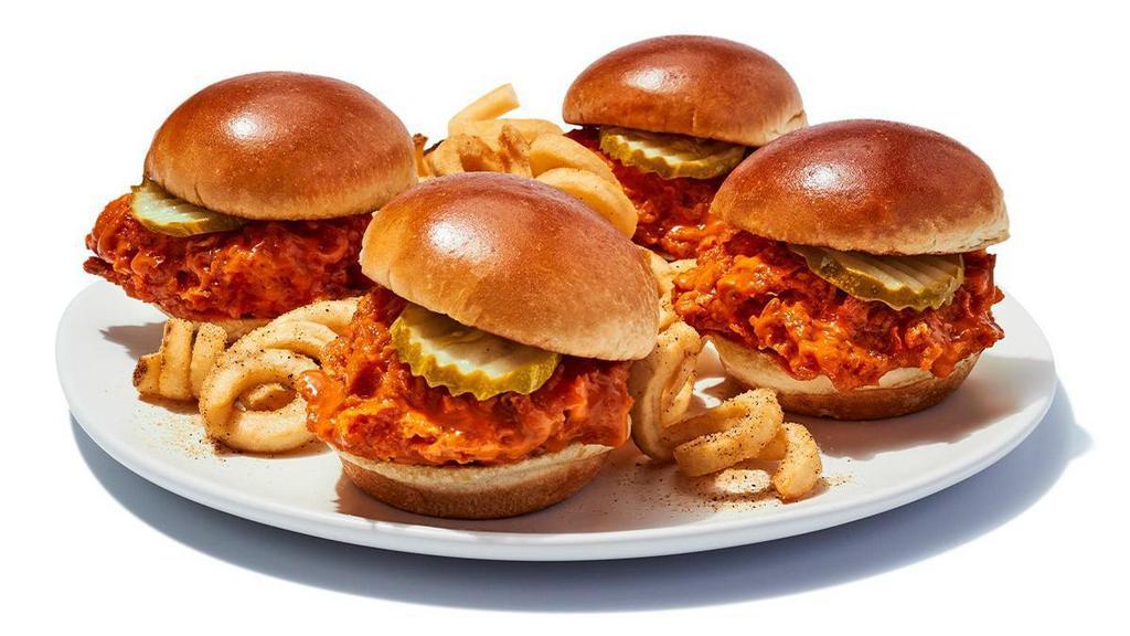 Buffalo Chicken Sliders · Buffalo chicken tossed with your choice of wing sauce, topped with pickles and fries. 1000-1410 cal