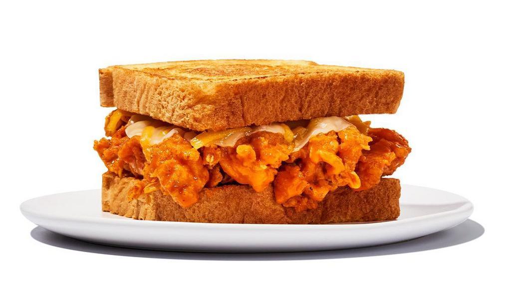 Chicken Tender Melt Sandwich · Chicken tenders tossed with your choice of wing sauce, topped with cheddar and provolone cheese served on Texas Toast. Served with curly fries. 1040-1340 cal