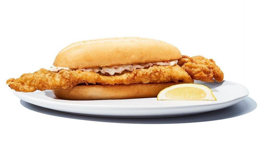 Big Fish Fried Sandwich · Tempura Fried cod sandwich with tartar sauce served on a fresh hoagie roll. Served with curly fries.