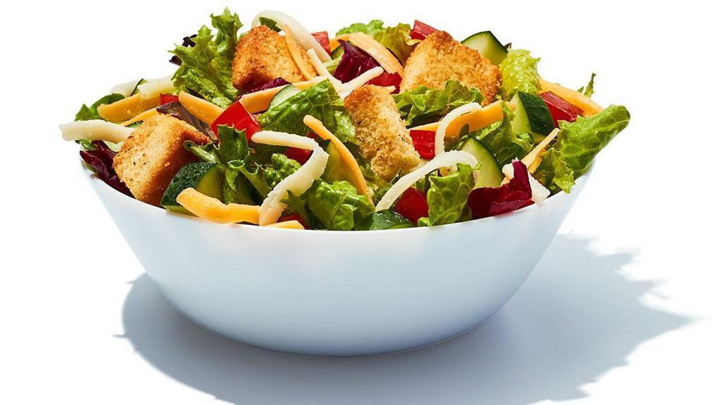 Garden Salad · Mix of romaine and iceberg lettuce with tomato, cucumber, cheddar cheese, courtons, and choice of dressing