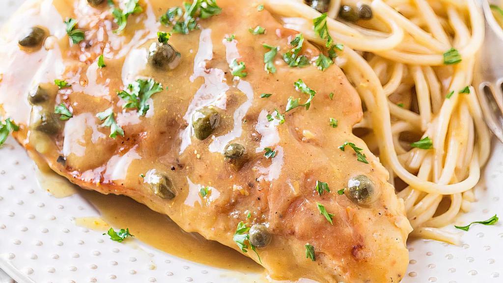 Chicken Piccata · Chicken breast sautéed with capers in white wine sauce with a touch of marinara on a bed of angel hair pasta.