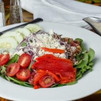 Mediterranean Salad · Romaine, mixed greens, cherry tomatoes, cucumber, roasted red pepper, candied walnuts, onion...