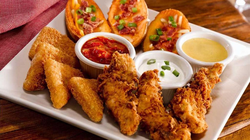 Top-Shelf Combo Appetizer · Spicy Jack Cheese Wedges, Loaded Potato Skins and our double hand-breaded chicken tenders.