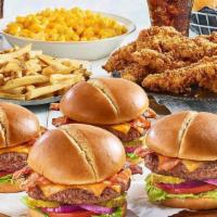 Bacon Cheeseburgers* & Chicken Tenders Family-Style Meal · Four of our 7-oz. Classic Cheeseburgers topped with bacon, lettuce, tomato, onion and pickle...