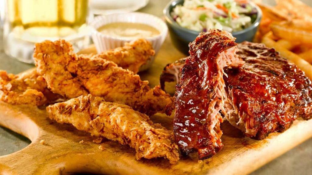 Ribs & Chicken Tenders · A half-portion of Baby Back Ribs with hand-breaded chicken tenders. Ribs also available Nashville Hot or Carolina Gold BBQ Sauce.