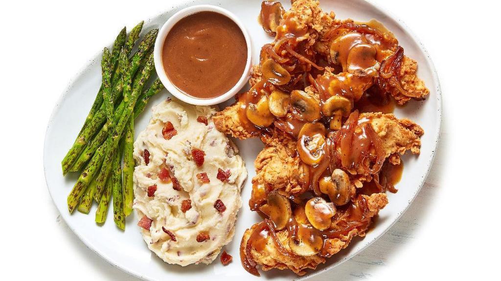 Country Style Tenders · O’Charley’s Famous Chicken Tenders smothered with hearty country gravy, mushrooms and onions. Served with smashed potatoes and an additional side.