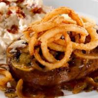 Chopped Steak* · Covered with mushrooms, onions and gravy then topped with fried onions. Served with bacon sm...