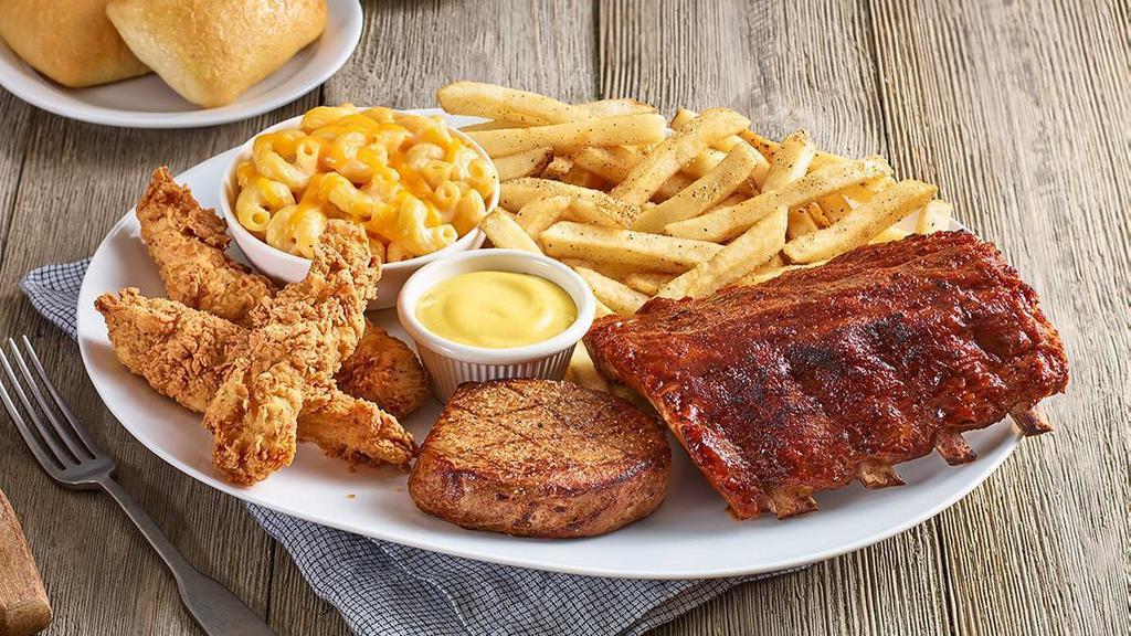 Steak, Ribs & Tenders Combo* · A 6-oz. sirloin, 1/3 rack of Baby Back Ribs with our signature BBQ sauce and our famous Chicken Tenders. Ribs are also available with Carolina Gold BBQ Sauce or Nashville Hot Sauce. Served with two sides.