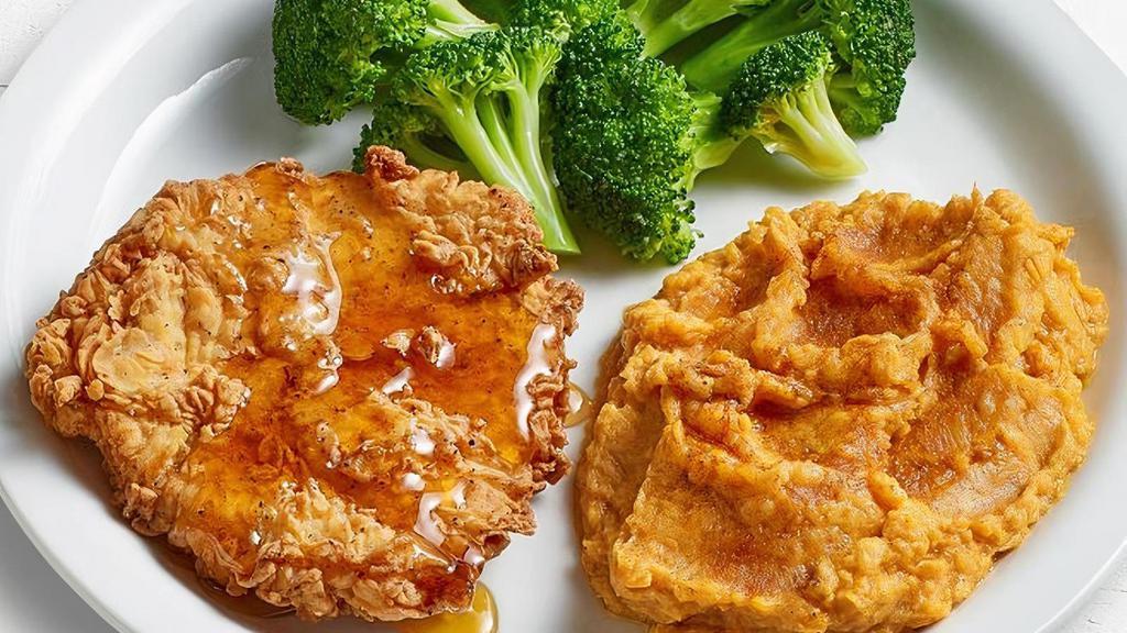 Honey-Drizzled Southern Fried Chicken · A buttermilk breaded chicken breast drizzled with honey. Served with mashed sweet potatoes and broccoli.