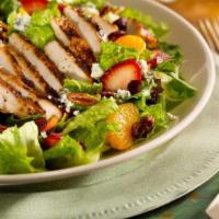 California Salad · Grilled chicken, bleu cheese crumbles, candied pecans, strawberries, mandarin oranges and dr...