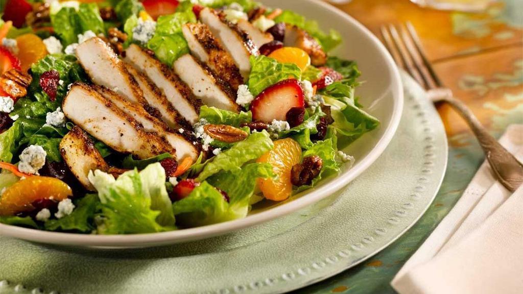 California Salad · Grilled chicken, bleu cheese crumbles, candied pecans, strawberries, mandarin oranges and dried cranberries with. balsamic vinaigrette.. SUBSTITUTE CHICKEN WITH 6-OZ. SALMON FILET OR 6-OZ. SIRLOIN
