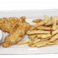 Kids Chicken Tenders · Two chicken tenders served with choice of honey mustard or ranch for dipping and a kids side...