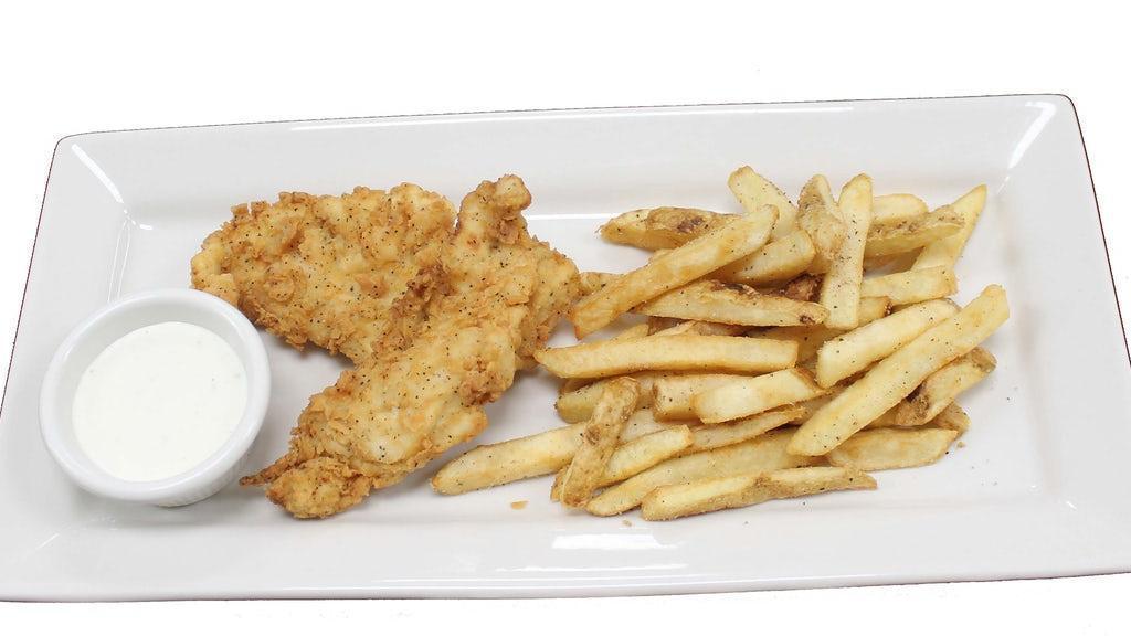 Kids Chicken Tenders · Two chicken tenders served with choice of honey mustard or ranch for dipping and a kids side item.