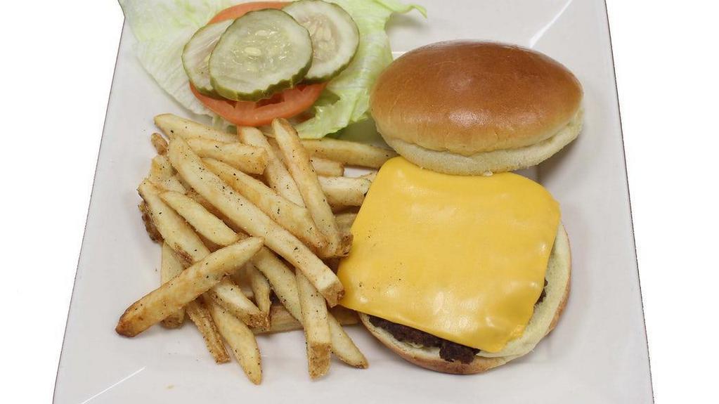 Kids Cheeseburger · American cheese on a toasted bun with lettuce, tomato and pickle. Served with a kids side item.