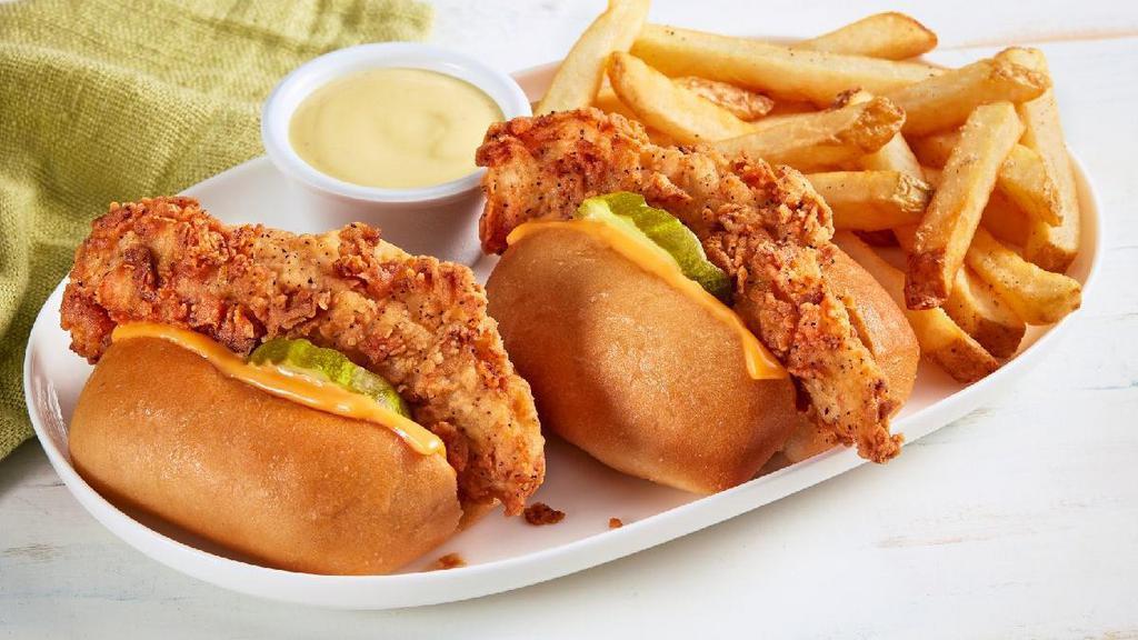 New! Kids Chicken Tender Sliders · Two O'Charley's Famous Chicken Tenders stuffed in our rolls with pickles, American cheese, and your choice of honey mustard or ranch for dipping. Served with a kids side item.