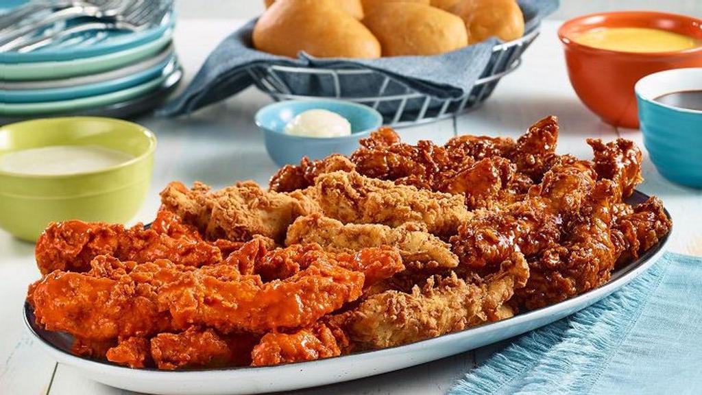 Chicken Tenders Combo Platter · 36 of our famous Double Hand-Breaded Chicken Tenders. You get 12 of each ~ Original, Nashville Hot and Chipotle. Served with your choice of three sauces.