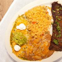 Carne Asada · Gluten free. A skirt steak blackened Mexican style and served with enchilada verde. Topped w...