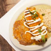 Chimichangas · Rice and beans on the side. Flour tortilla stuffed with cheese, choice of meat, lightly deep...