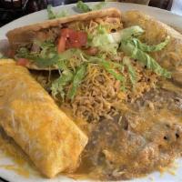 Burrito With Taco Or Tamale · Served with rice and beans.