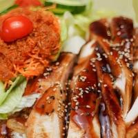 Chicken Teriyaki Bowl · grilled chicken with a light teriyaki glaze, onions, served over rice & house salad