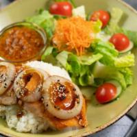 Salmon Teriyaki Bowl · grilled salmon with a light teriyaki glaze, onions,. served over rice & house salad