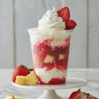 Strawberry Shortcake Sundae · Sweet cream ice cream, yellow cake chunks, strawberry puree, and whipped cream.