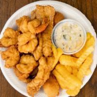 Fish & Shrimp Dinner · Six shrimps, 2pc whiting, fries, coleslaw,2 hushpuppies.