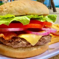 Bacon Cheeseburger · 8 oz burgers made fresh daily with lettuce, tomatoes, onions, pickle chips & a side of Frenc...