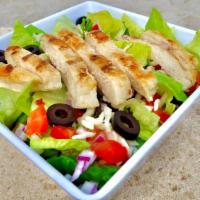 Grilled Chicken Salad · Chopped grilled chicken breast, hearts of romaine lettuce, tomato, red onion, black olives a...