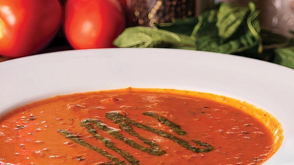 Tomato Basil Soup · Russo's family favorite. Roasted Roma tomatoes and the freshest basil, simmered in a creamy tomato bisque.