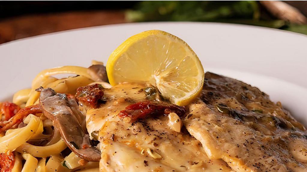 Chicken Piccata · Russo's Coal Fired Italian Kitchen favorite: Grilled chicken, portabella mushrooms, capers, sun dried tomatoes and fettuccine pasta, in a lemony garlic sauce.