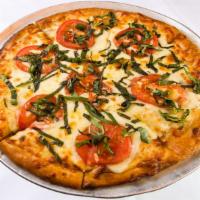 Margherita Pizza · Roma tomatoes, fresh basil, all natural mozzarella cheese, garlic and organic extra virgin o...
