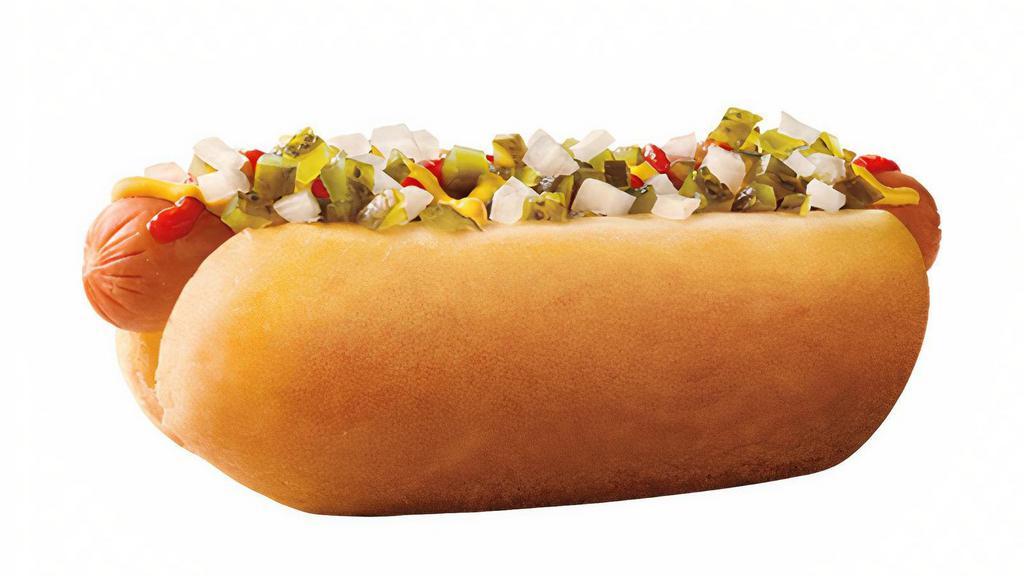 All-American Dog · Take a bite out of Americana with SONIC's Premium Beef All-American Dog. It's a beef hot dog made with 100% pure beef that's grilled to perfection and topped with ketchup, yellow mustard, relish and chopped onions and served in a soft, warm bakery bun.