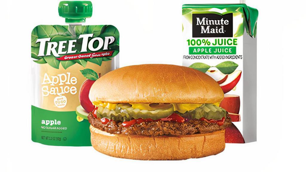 Wacky Pack® Jr Burger · A juicy, 100% pure beef patty,  and crinkle-cut pickles with your choice of mustard, mayo or ketchup. Includes Kid Sized Drink & Side Item, plus a Fun Toy.