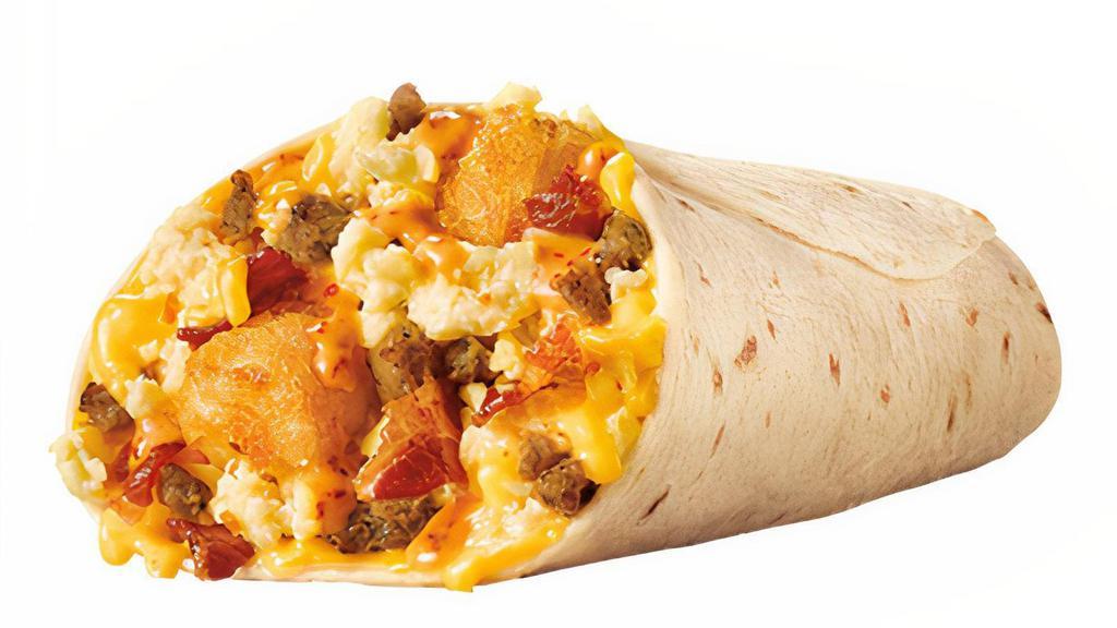 Ultimate Meat & Cheese Breakfast Burrito™ · Breakfast doesn't get better than the all-new Ultimate Meat & Cheese Breakfast Burrito™ with crispy bacon, savory sausage, golden tots, fluffy scrambled eggs and melty cheddar cheese, all wrapped in a warm flour tortilla.
