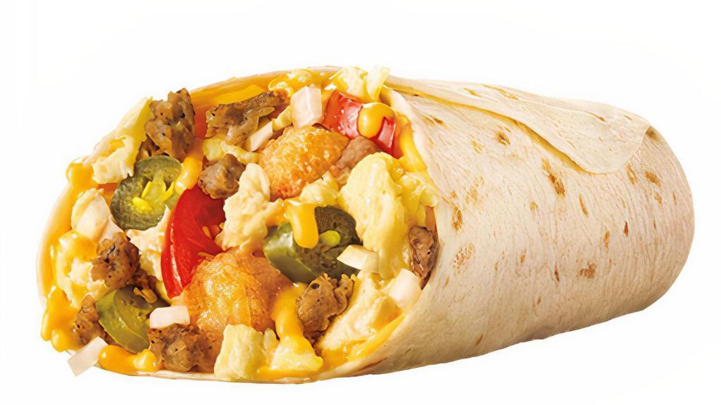 Supersonic® Breakfast Burrito · Let the big flavor of the SuperSONIC® Breakfast Burrito get you out of bed. A medley of savory sausage, fluffy scrambled eggs, melty cheddar cheese, golden tots, diced onions, ripe tomatoes and spicy jalapeños all wrapped up in a warm flour tortilla. It'll sing to your taste buds. Which, if you ask us, is a pretty cool way to start your morning.