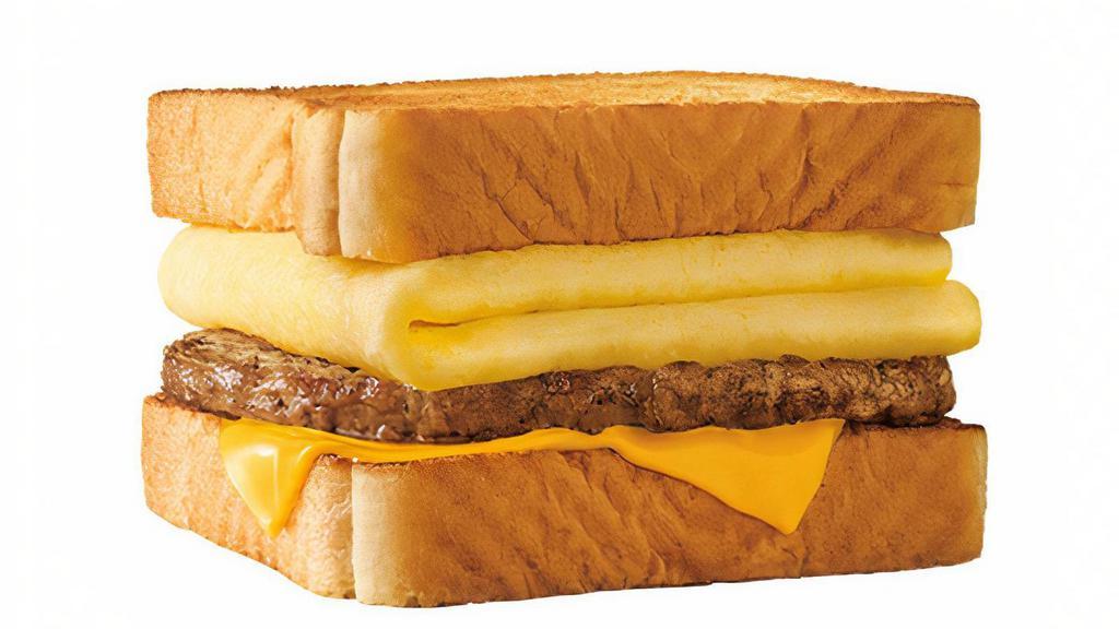 Sausage Breakfast Toaster® · Behold – melty cheese, your choice of savory sausage, crispy bacon or delicious ham, all stacked up on thick Texas Toast and served with fluffy eggs. Sounds like breakfast heaven if you ask us.