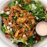 Buffalo Chicken · Field greens, wing sauce, blue cheese crumbles, celery, green onions, tomatoes, served with ...