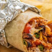 Buffalo Chicken Burrito · Buffalo Chicken, rice, lettuce, tomatoes, cheddar cheese, and blue cheese dressing.