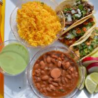 Taquero  · Serves 1 p; 3 Tacos + Rice 6 oz + Beans 6 oz + Beverage 12.5 oz