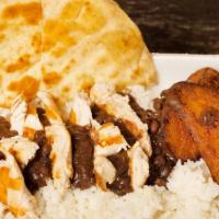 Fiesta Meal - With Meat · This meal comes with black beans and rice, plantains and optional pita bread topped with you...