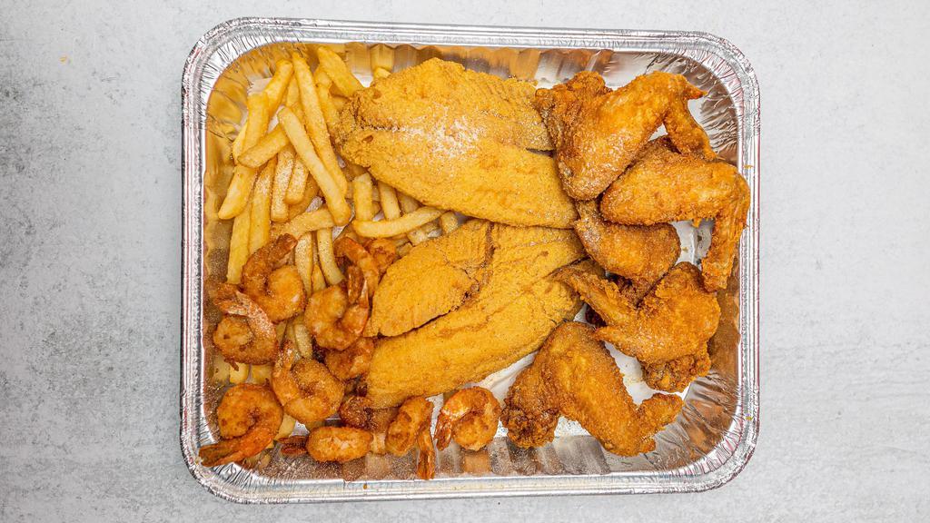 Seafood Platter 3 · PICK FIVE: Wings, Gizzards, Livers, Tender, Shrimp, Fish, Oysters, and Scallops.
