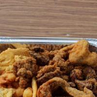 Seafood Platter 2 · PICK FOUR: Wings, Gizzards, Livers, Tender, Shrimp, Fish, Oysters, and Scallops.