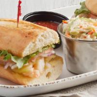 Shrimp Po'Boy (P) · Seasoned shrimp, olive oil, lettuce, tomatoes, pickles, red onions on Parisian bread, with a...
