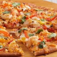 Spicy Shrimp (P) · Seasoned shrimp, red and yellow bell peppers, tomatoes,. mozzarella, parmesan, red pepper fl...