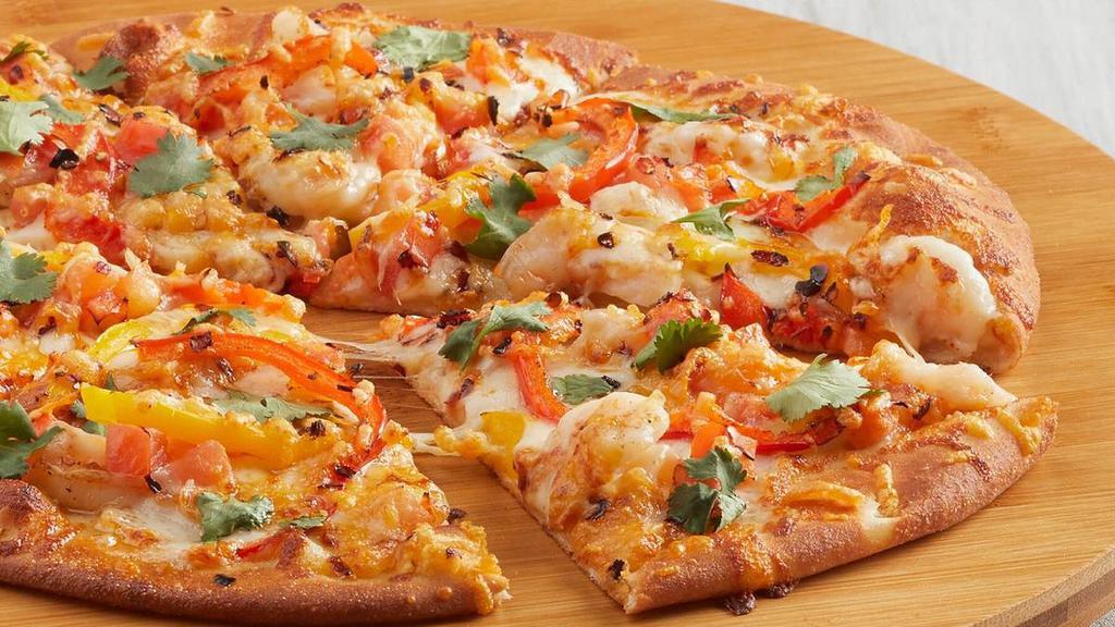 Spicy Shrimp (P) · Seasoned shrimp, red and yellow bell peppers, tomatoes,. mozzarella, parmesan, red pepper flakes, chili oil, topped. with fresh cilantro. Calories are displayed per slice. 6 slices per pizza.