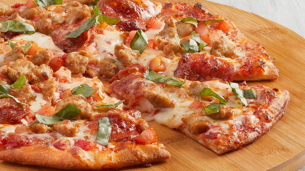 Sausage & Pepperoni · Pepperoni, Italian pork sausage, tomatoes, mozzarella, pizza sauce, topped with fresh basil. Calories are displayed per slice. 6 slices per pizza.