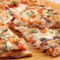 Bbq Chicken · All-natural chicken, red onions, tomatoes, mozzarella, sweet and spicy BBQ sauce, topped wit...