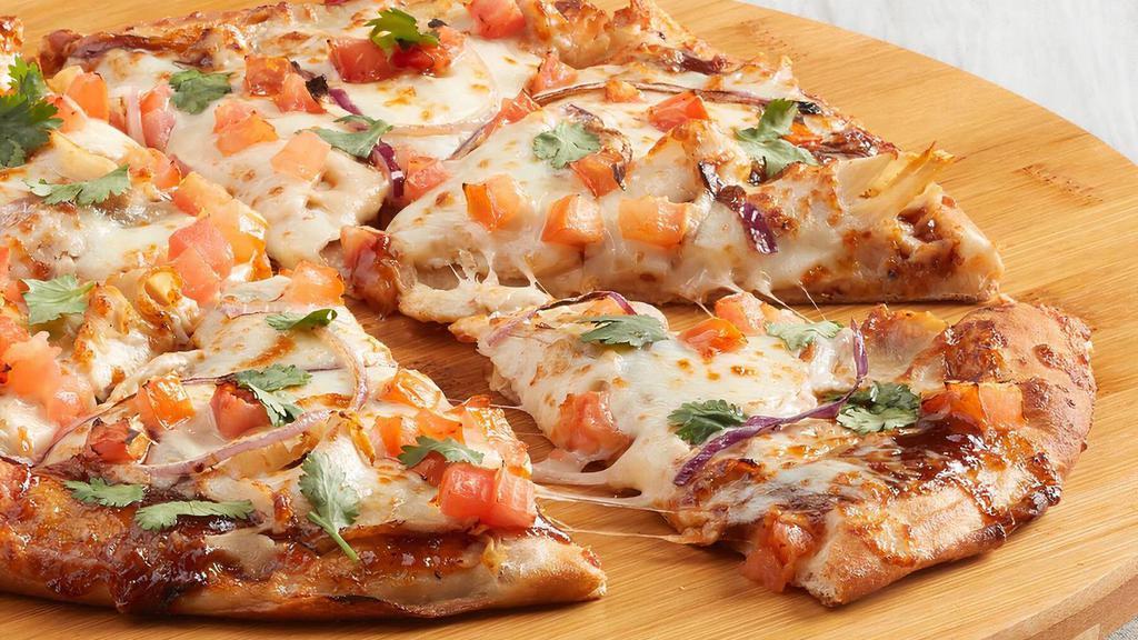 Bbq Chicken · All-natural chicken, red onions, tomatoes, mozzarella, sweet and spicy BBQ sauce, topped with fresh cilantro. Calories are displayed per slice. 6 slices per pizza.